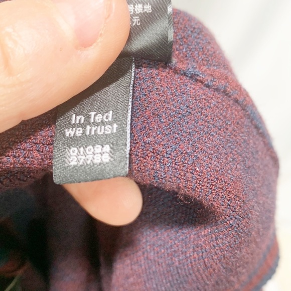 Ted Baker Maroon Red and Navy Blue Checkered Longline Belted Cardigan - Picture 13 of 15